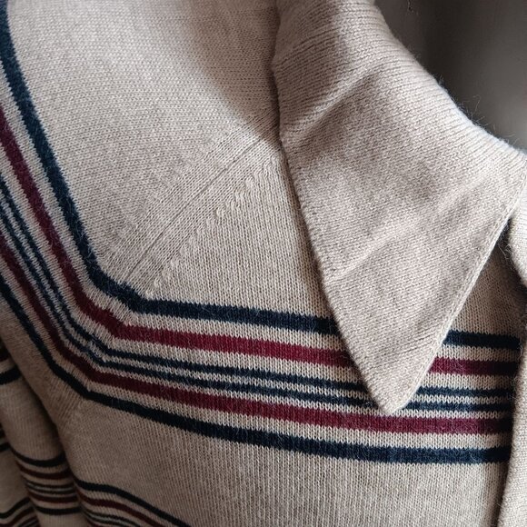 Men's Large Pullover Sweater Vintage Lord Jeff Beige Red Blue Stripes 1970's - Picture 6 of 8